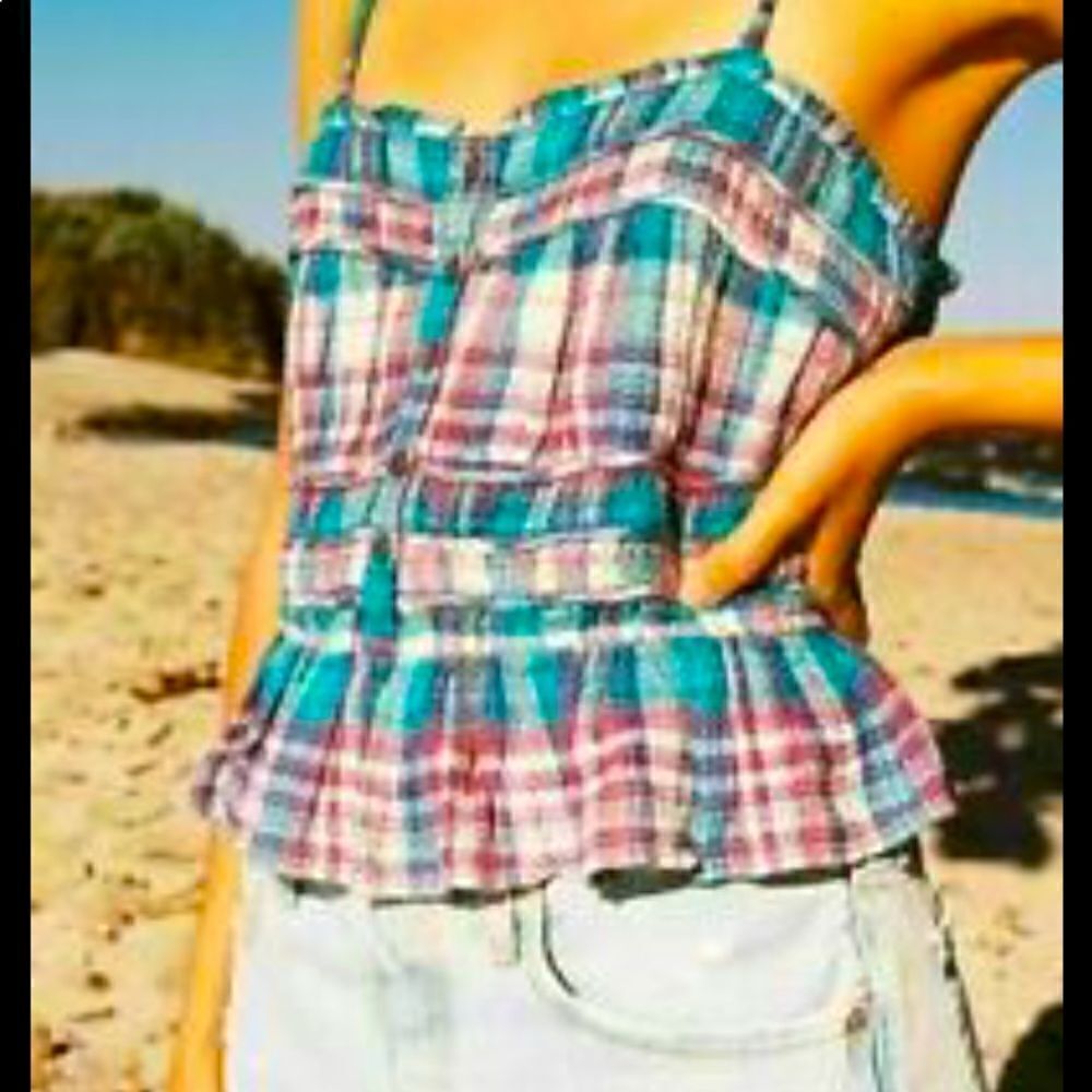 Free People Henrietta Tube Top plaid Print Button Smocked Ruffle Crop Small NWT